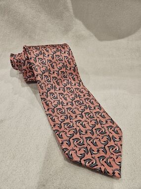 Ties of Nature Tie Pink 100% Silk Dolphin Print Handsewn Coastal 58"L 3.75"W